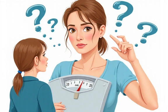 Persona confundida frente a una balanza, rodeada de signos de interrogación, simbolizando mitos sobre la pérdida de peso.