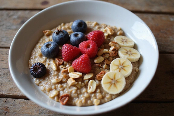 Plato de avena con frutas y frutos secos para un desayuno saludable.
