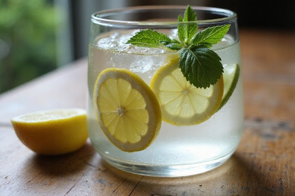 Vaso de agua fresca con rodajas de limón y menta, con gotas de condensación, sobre una mesa de madera.