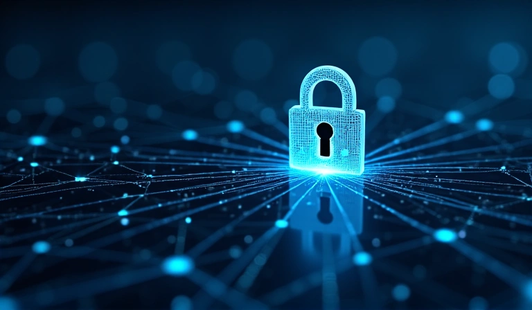 Dibujo de un candado digital en una red de datos, simbolizando seguridad