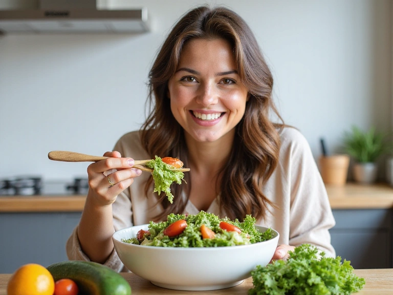 Una persona sonriendo mientras come una ensalada fresca, simbolizando una alimentación saludable y feliz.