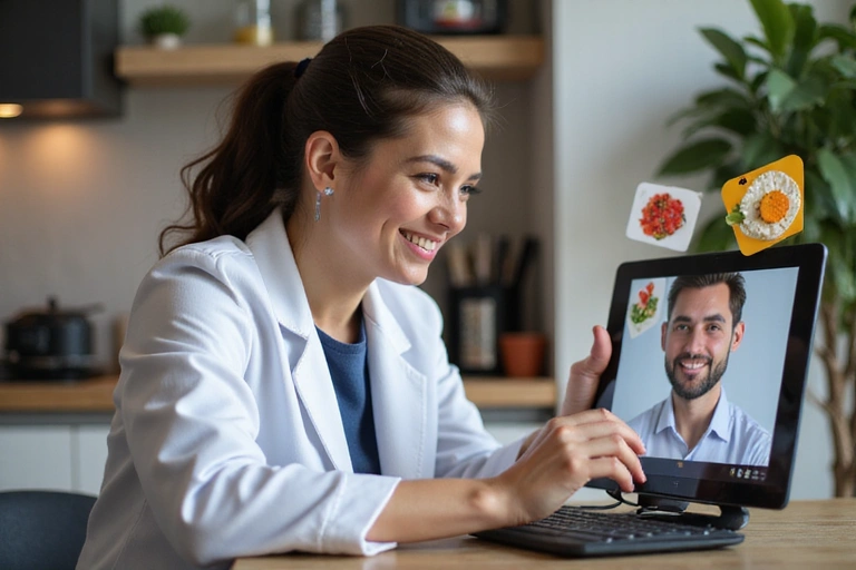 Ilustración de un nutricionista interactuando con un paciente virtualmente