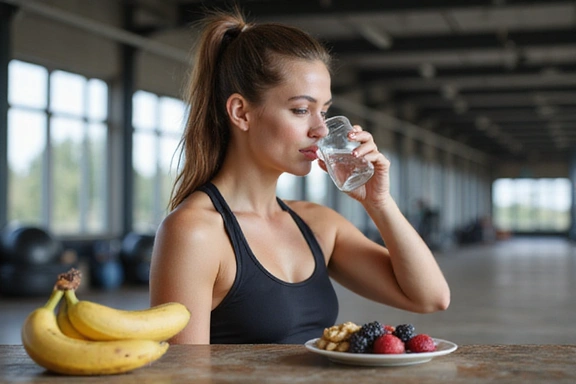Deportista bebiendo agua después de entrenar, con alimentos energéticos en primer plano